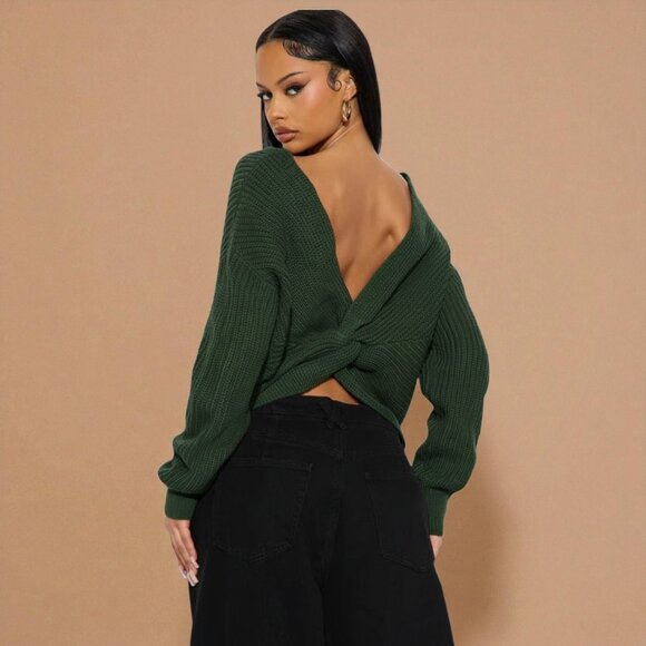Fashion Nova Twist-Back Sweater | Hunter Green Knit | Size M - Picture 1 of 8